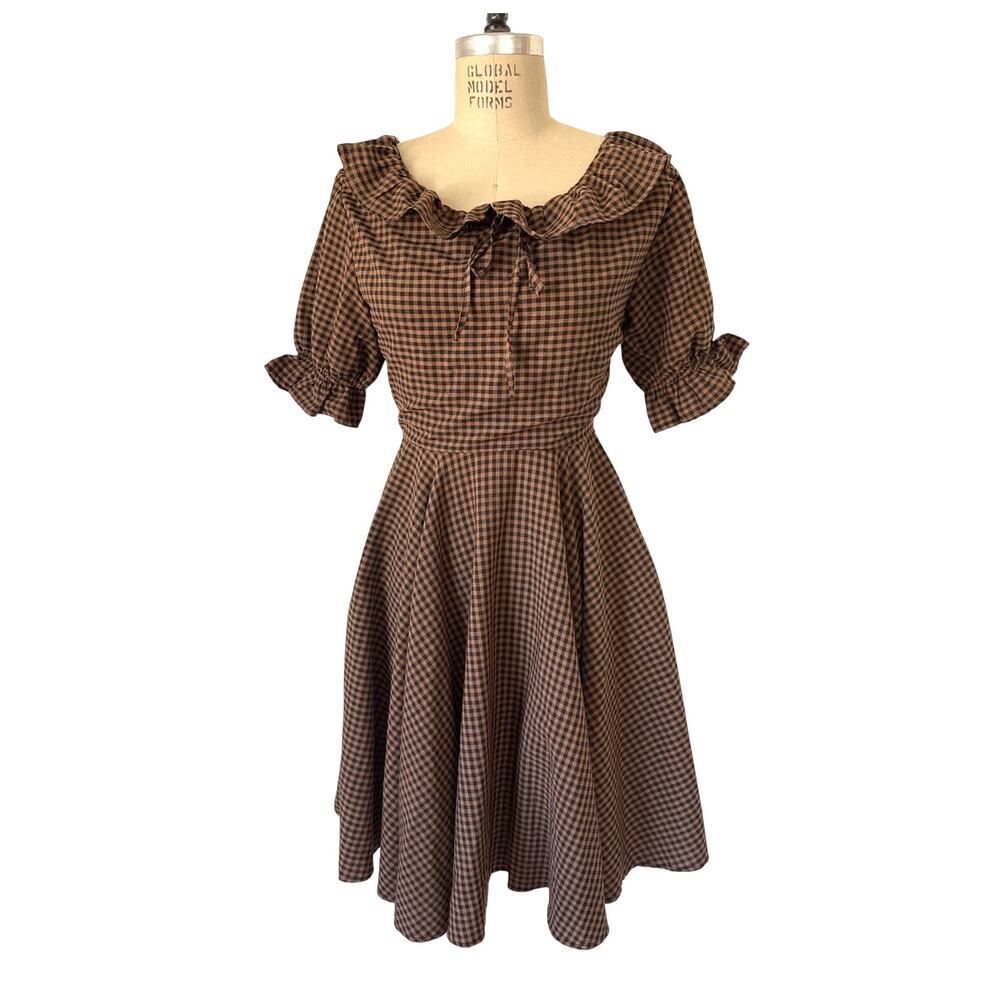 Ivy City Co. Gingham Ruffled Dress Cotton Brown Black Size Small Cottagecore